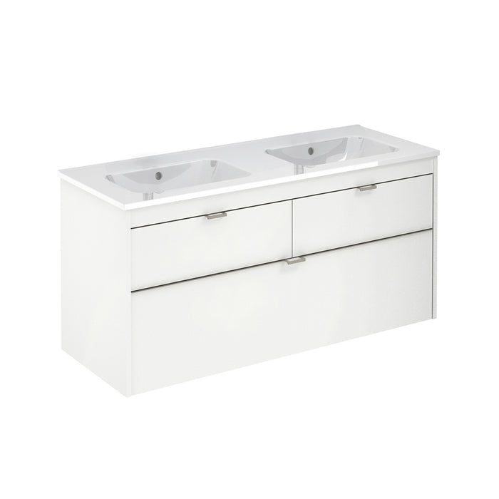 Logika 3 Drawers Bathroom Vanity with Ceramic Double Sink - Wall Mount - 48" Mdf/Matt White/Inox