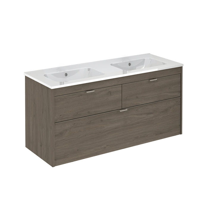 Logika 3 Drawers Bathroom Vanity with Ceramic Double Sink - Wall Mount - 48" Mdf/Eternity Oak/Inox