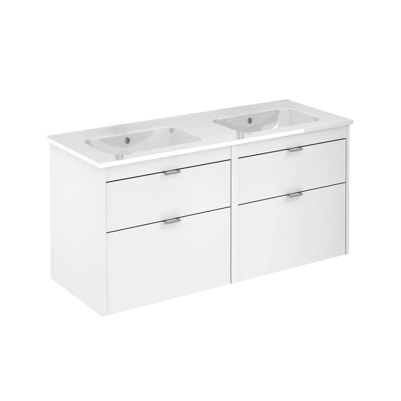 Logika 4 Drawers Bathroom Vanity with Ceramic Double Sink - Wall Mount - 48" Mdf/Matt White/Inox