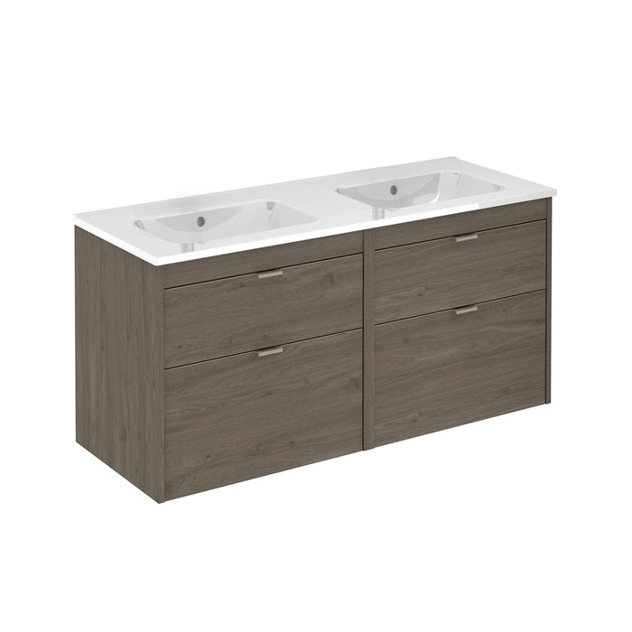 Logika 4 Drawers Bathroom Vanity  with Ceramic Double Sink - Wall Mount - 48" Mdf/Eternity Oak/Inox