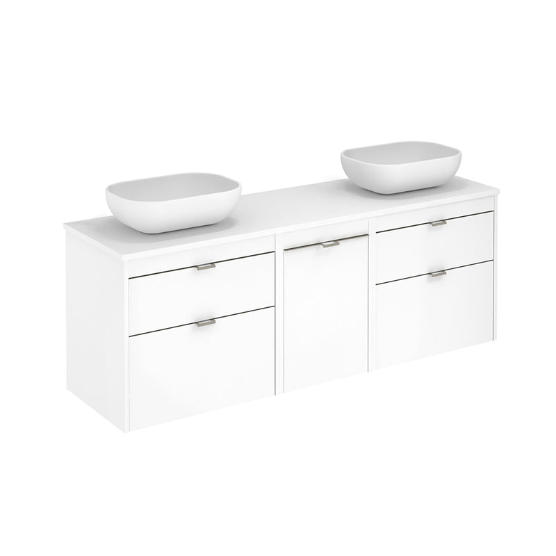 Logika 2 Drawers And 1 Wardrobe Bathroom Vanity with Mineral Countertop - Wall Mount - 64" Mdf/Matt White/Inox