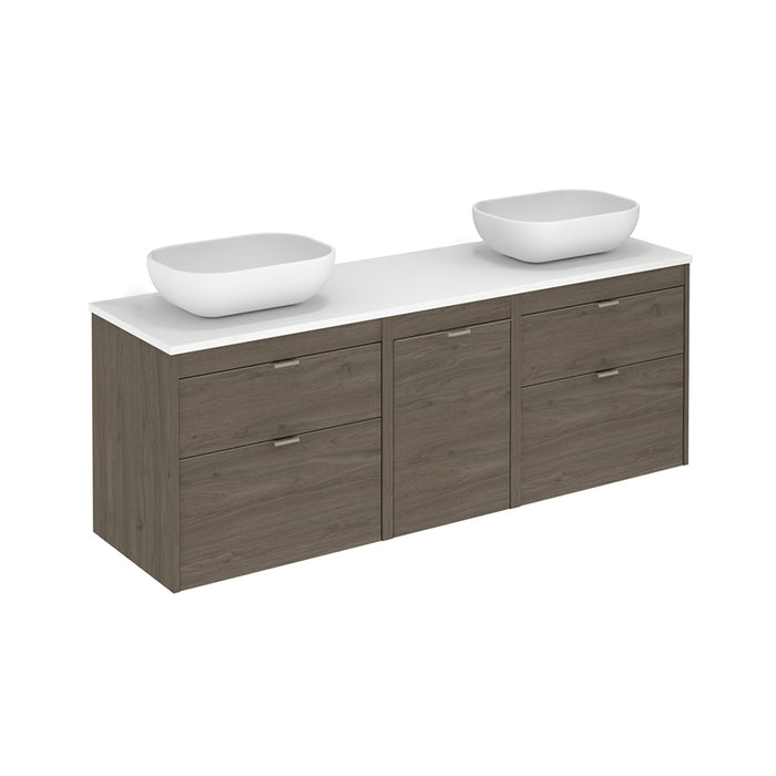 Logika 2 Drawers And 1 Wardrobe Bathroom Vanity with Mineral Countertop - Wall Mount - 64" Mdf/Eternity Oak/Inox