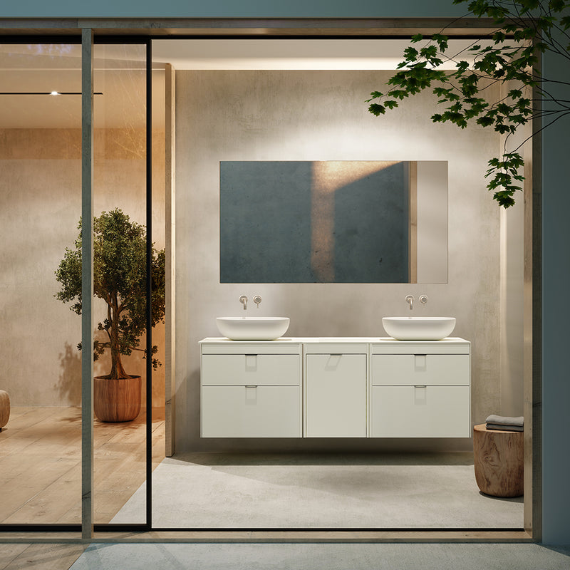 Logika 2 Drawers And 1 Wardrobe Bathroom Vanity with Mineral Countertop - Wall Mount - 64" Mdf/Eternity Oak/Inox