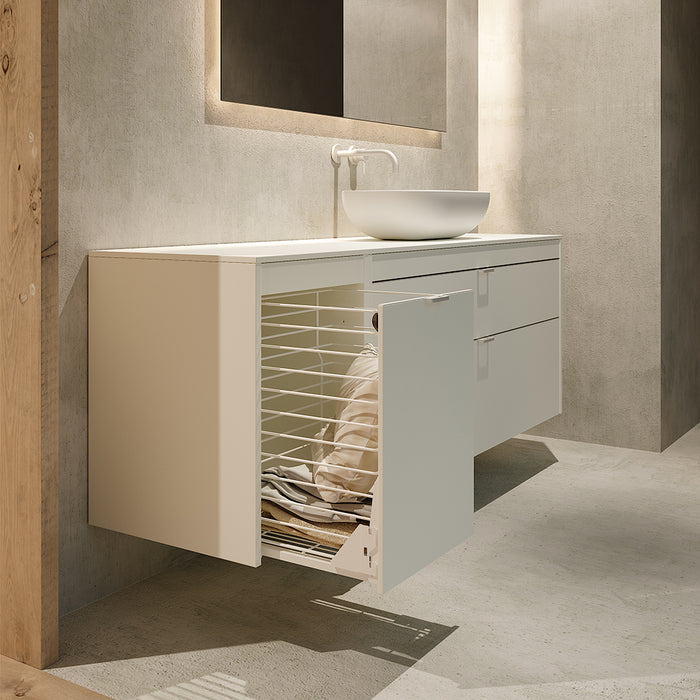 Logika 2 Drawers And 1 Wardrobe Bathroom Vanity with Mineral Countertop - Wall Mount - 64" Mdf/Eternity Oak/Inox