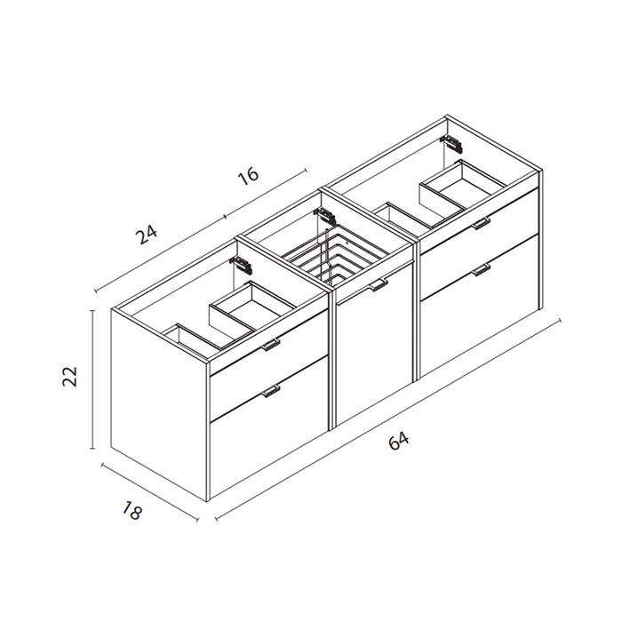 Logika 2 Drawers And 1 Wardrobe Bathroom Vanity with Mineral Countertop - Wall Mount - 64" Mdf/Eternity Oak/Inox