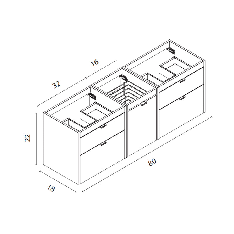 Logika 2 Drawers And 1 Wardrobe Bathroom Vanity with Mineral Countertop - Wall Mount - 80" Mdf/Eternity Oak/Inox