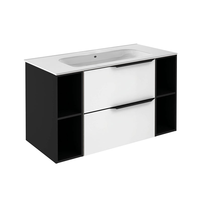 Mio 2 Drawers + 2 Open Shelf Bathroom Vanity with Ceramic Sink - Wall Mount - 40" Particle Board Laminated/Matte White/Matte Black