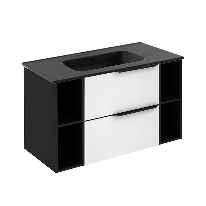 Mio 2 Drawers + 2 Open Shelf Bathroom Vanity with Ceramic Sink - Wall Mount - 40" Particle Board Laminated/Matte White/Matte Black