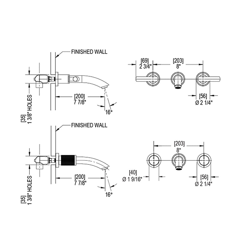 H2O Bathroom Faucet Trim - Widespread-Wall Mount - 8" Brass/Matt Black/Chrome