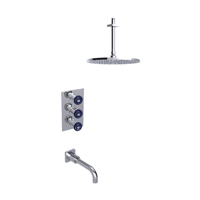 Lasalle 2 Way Thermostatic Trim Complete Shower Set - Ceiling Mount - 12" Brass/Polished Chrome/Midnight Blue