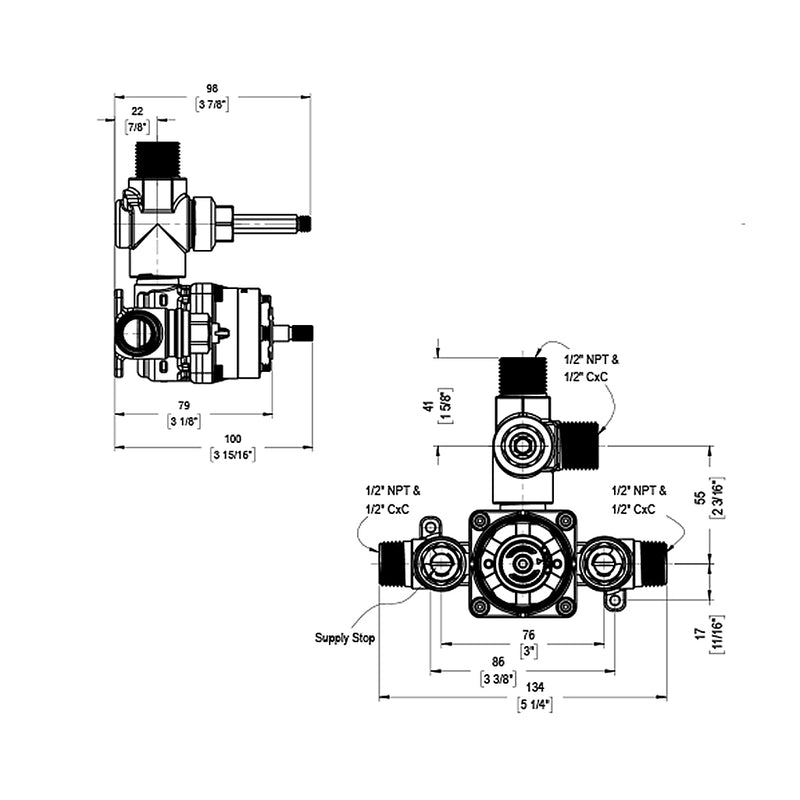 H2O 3 Function Pressure Balance Trim Complete Shower Set - Wall Mount - 3" Brass/Satin Brass/Matt Black