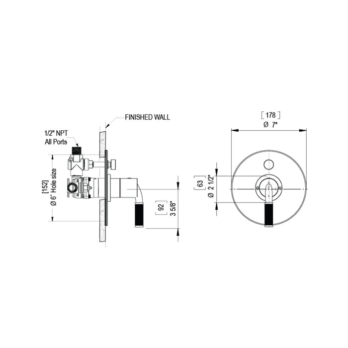 H2O 3 Function Pressure Balance Trim Complete Shower Set - Wall Mount - 3" Brass/Satin Brass/Matt Black