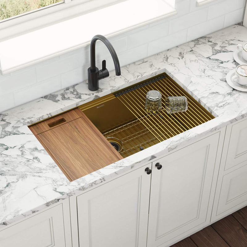 Giana Workstation Single Bowl Kitchen Sink - Under Mount - 33" Stainless Steel/Matt Gold