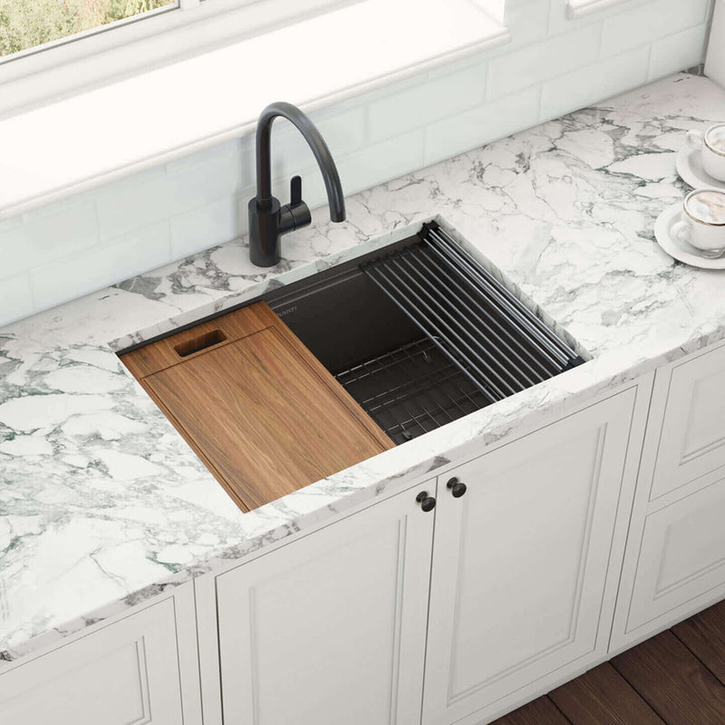 Giana Workstation Single Bowl Kitchen Sink - Under Mount - 30" Stainless Steel/Gunmetal Black