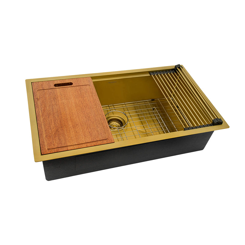 Giana Workstation Single Bowl Kitchen Sink - Under Mount - 27" Stainless Steel/Matt Gold