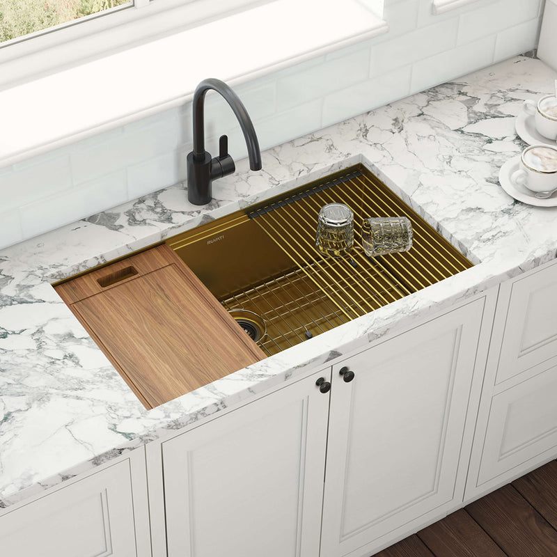 Giana Workstation Single Bowl Kitchen Sink - Under Mount - 27" Stainless Steel/Matt Gold