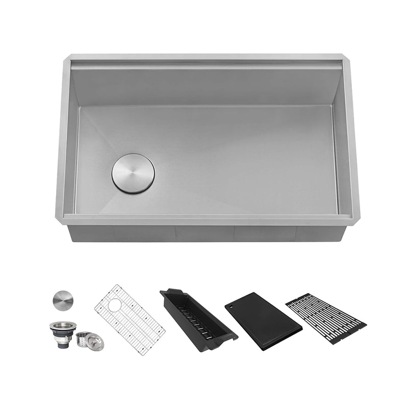 Veniso Nova Workstation Slope Bottom Offset Drain Single Bowl Kitchen Sink - Under Mount - 27" Stainless Steel/Stainless Steel