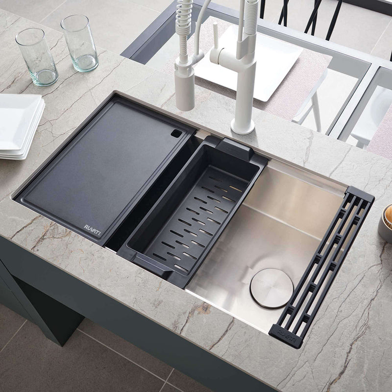 Veniso Nova Workstation Slope Bottom Offset Drain Single Bowl Kitchen Sink - Under Mount - 33" Stainless Steel/Stainless Steel