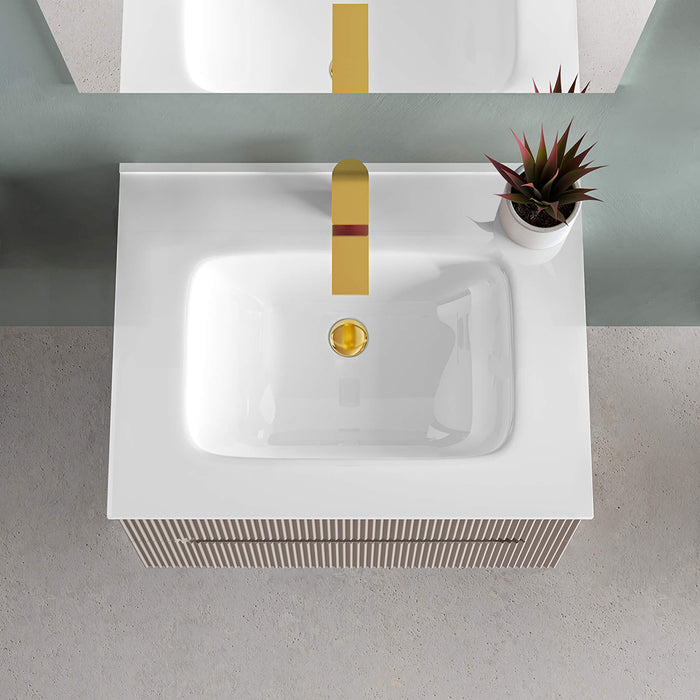 Deville 2 Drawers Bathroom Vanity with Porcelain Single Sink - Wall Mount - 24" Mdf/Light Wood/Brushed Gold