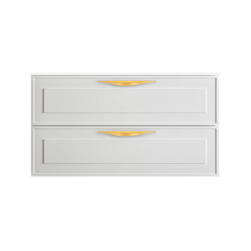 Deville 2 Drawers Bathroom Vanity with Porcelain Gloss White 1 Faucet Hole Sink - Wall Mount - 36" Mdf/Matte White/Brushed Gold