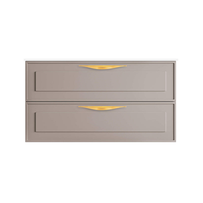 Deville 2 Drawers Bathroom Vanity with Porcelain Gloss White 1 Faucet Hole Sink - Wall Mount - 36" Mdf/Matt Warm Grey/Brushed Gold