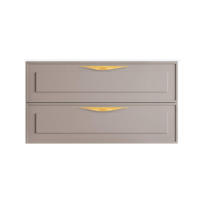 Deville 2 Drawers Bathroom Vanity with Porcelain Gloss White 1 Faucet Hole Sink - Wall Mount - 36" Mdf/Matt Warm Grey/Brushed Gold