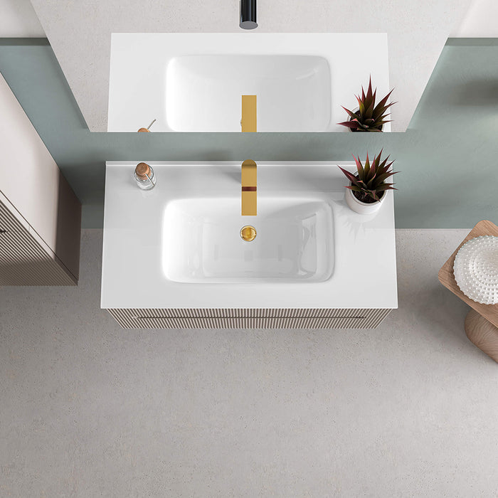 Deville 2 Drawers Bathroom Vanity with Porcelain Single Sin - Wall Mount - 36" Mdf/Light Wood/Brushed Gold