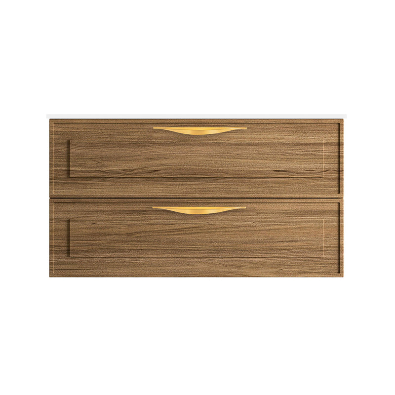 Deville 2 Drawers Bathroom Vanity with Solid Surface Matte White without Faucet Hole - Wall Mount - 36" Mdf/Light Wood/Brushed Gold