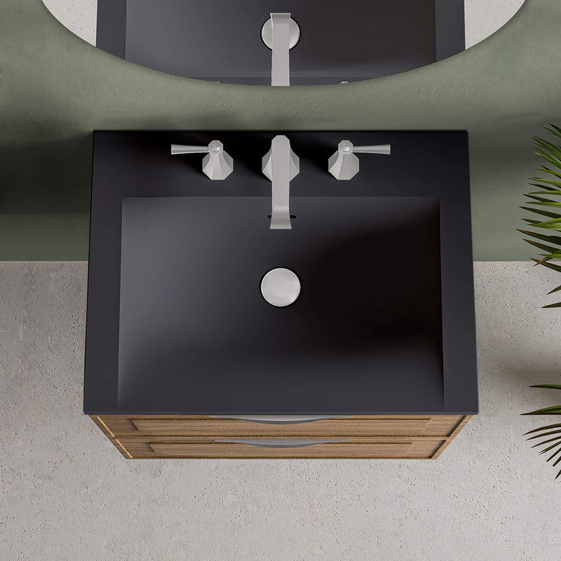 Deville 2 Drawers Bathroom Vanity with Solid Surface Matte Black without Faucet Hole - Wall Mount - 24" Mdf/Matte Black/Brushed Gold