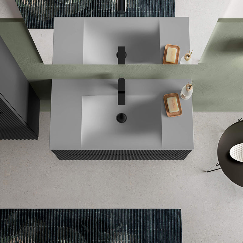 Runway 2 Drawers Bathroom Vanity with Solid Surface Matte Grey without Faucet Hole - Wall Mount - 36" Mdf/Matt Black