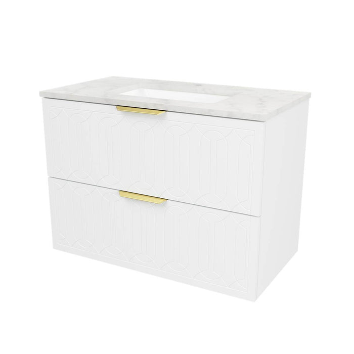 Elenora 2 Drawers Bathroom Vanity with Solid Surface Carrara Single Sink - Wall Mount - 36" Wood/Satin White/Gold