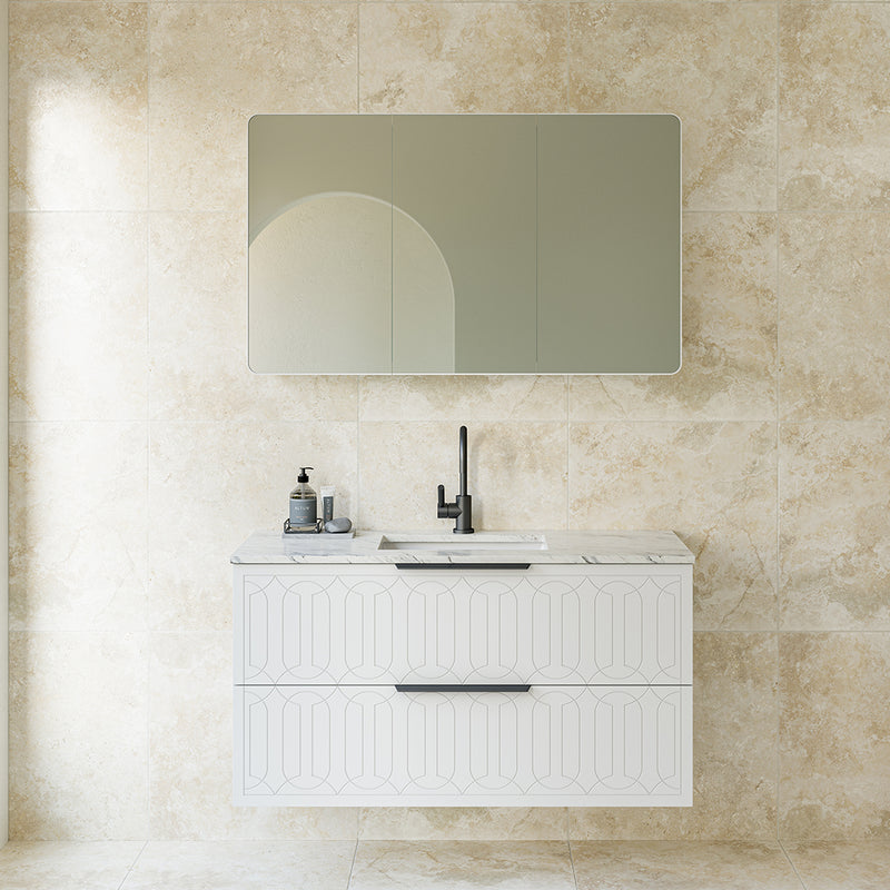 Elenora 2 Drawers Bathroom Vanity with Solid Surface Carrara Single Sink - Wall Mount - 36" Wood/Satin White/Gold