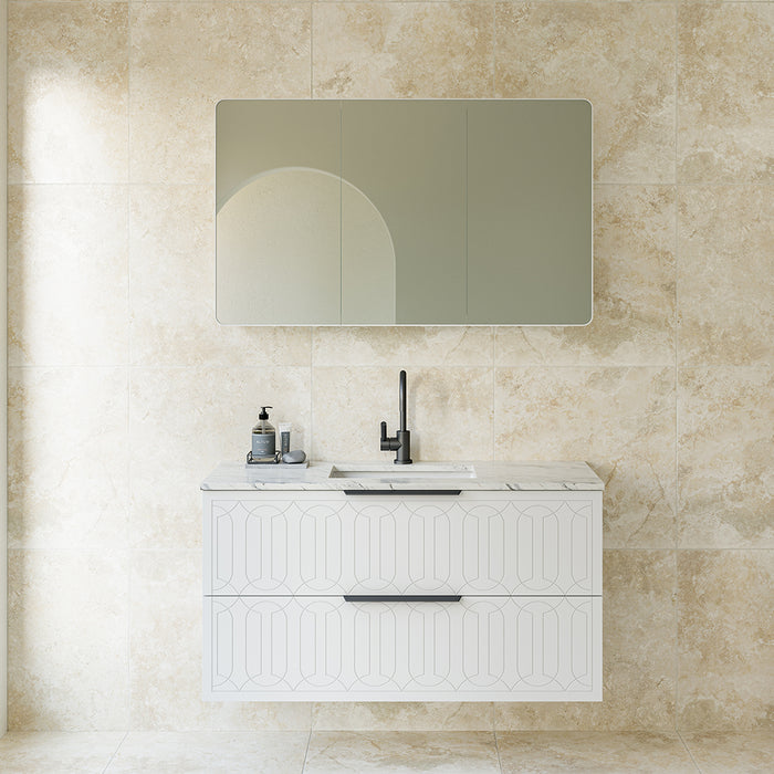 Elenora 2 Drawers Bathroom Vanity with Solid Surface Carrara Single Sink - Wall Mount - 36" Wood/Satin White/Gold