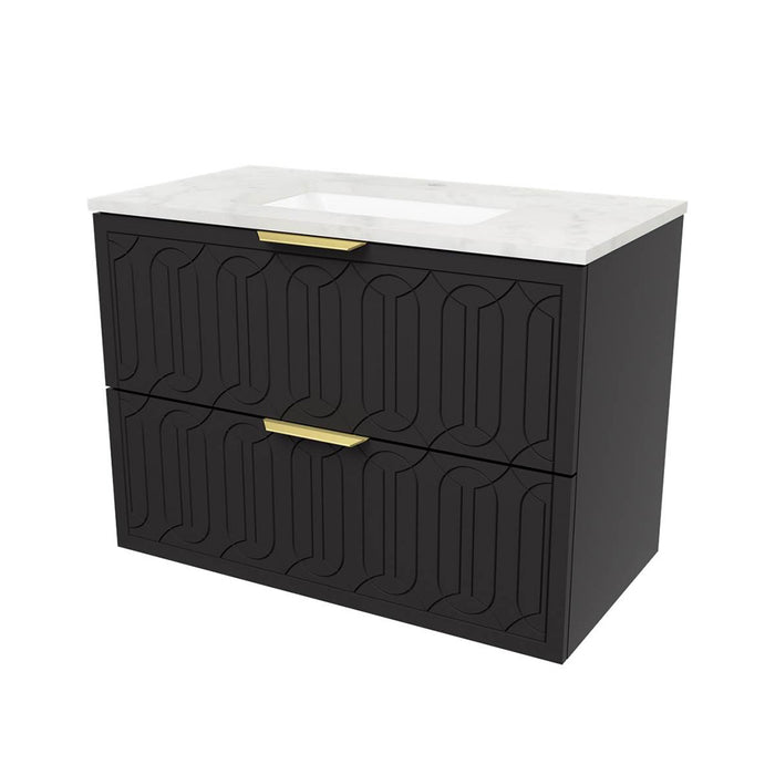 Elenora 2 Drawers Bathroom Vanity with Solid Surface Carrara Single Sink - Wall Mount - 36" Wood/Satin Black/Gold