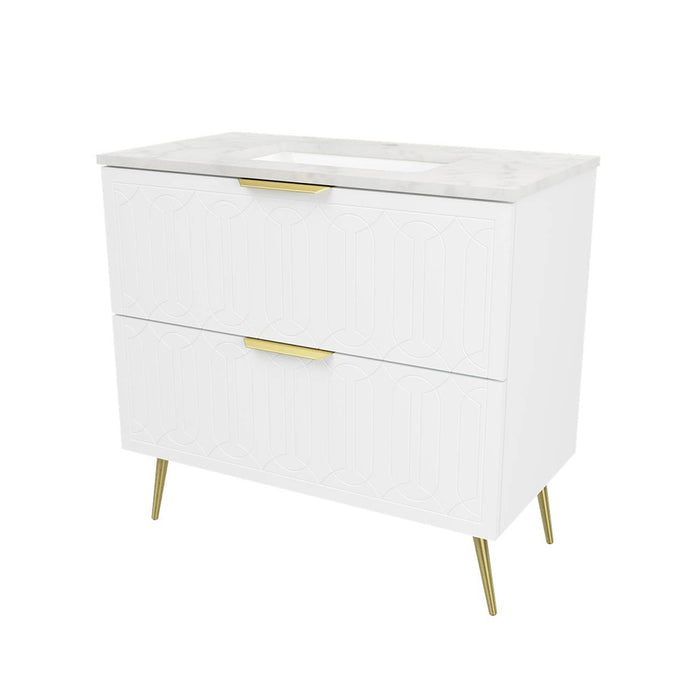 Elenora 2 Drawers Bathroom Vanity with Solid Surface Carrara Single Sink - Free Standing - 36" Wood/Satin White/Gold