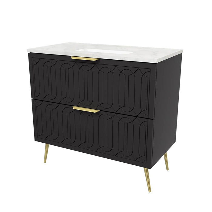 Elenora 2 Drawers Bathroom Vanity with Solid Surface Carrara Single Sink - Free Standing - 36" Wood/Satin Black/Gold