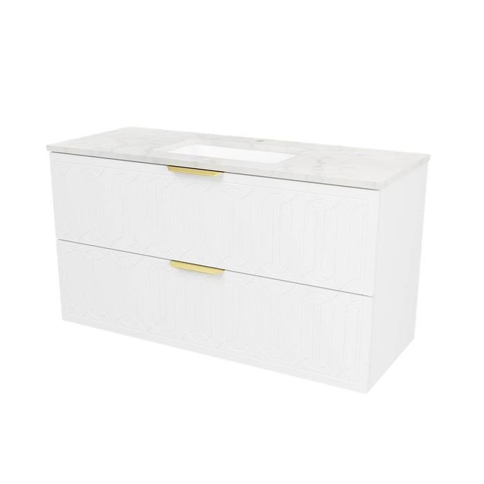 Elenora 4 Drawers Bathroom Vanity with Solid Surface Carrara Single Sink - Wall Mount - 48" Wood/Satin White/Gold