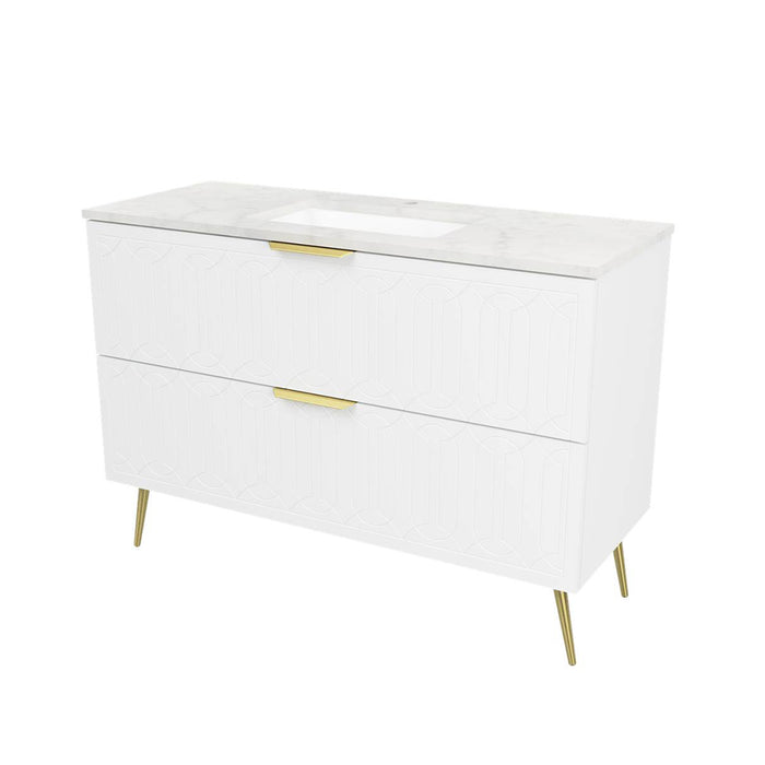 Elenora 4 Drawers Bathroom Vanity with Solid Surface Carrara Single Sink - Free Standing - 48" Wood/Satin White/Gold