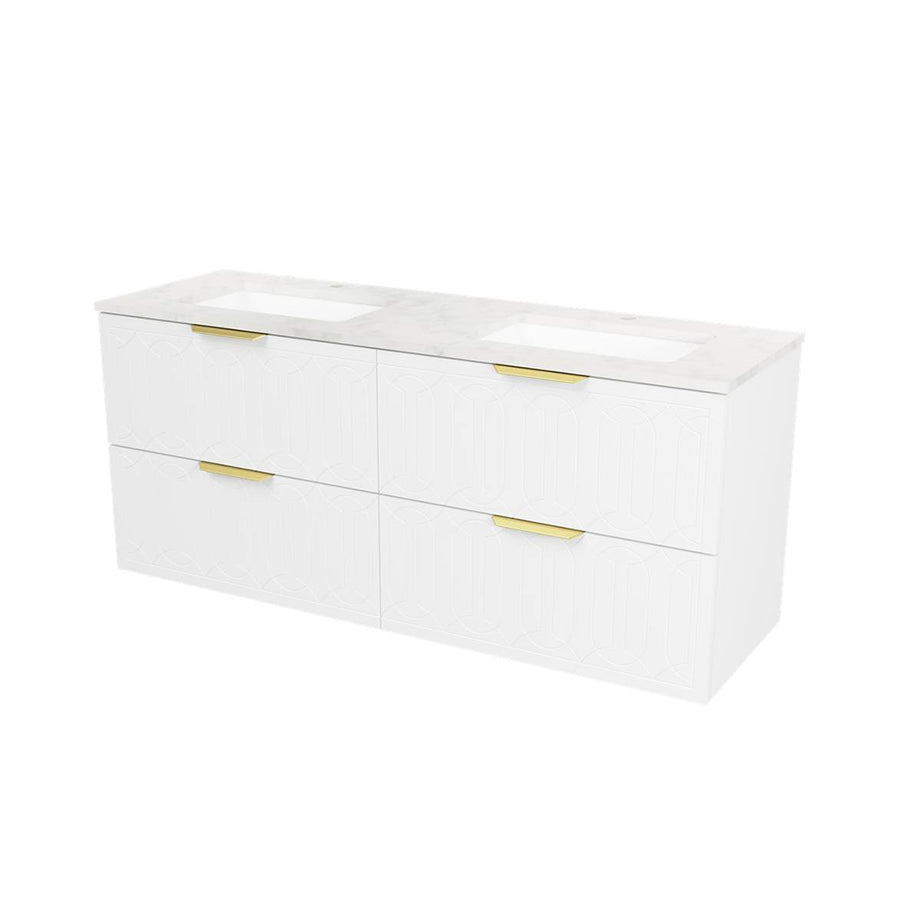 Elenora 4 Drawers Bathroom Vanity with Solid Surface Carrara Double Sink - Wall Mount - 60" Wood/Satin White/Gold