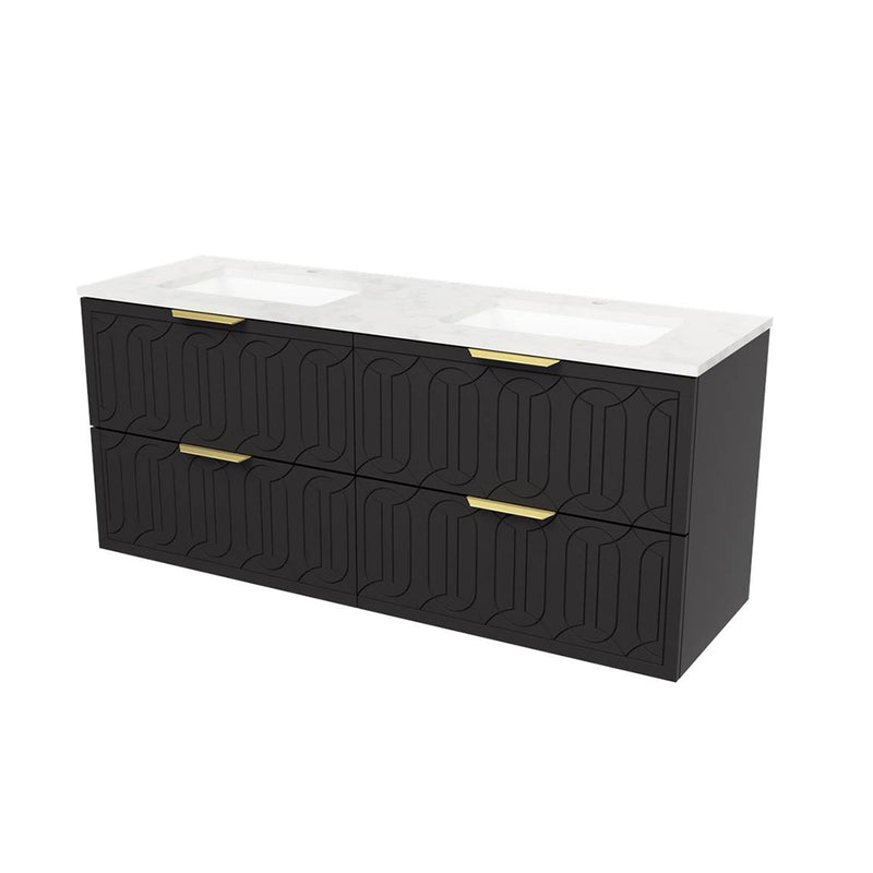 Elenora 4 Drawers Bathroom Vanity with Solid Surface Carrara Double Sink - Wall Mount - 60" Wood/Satin Black/Gold