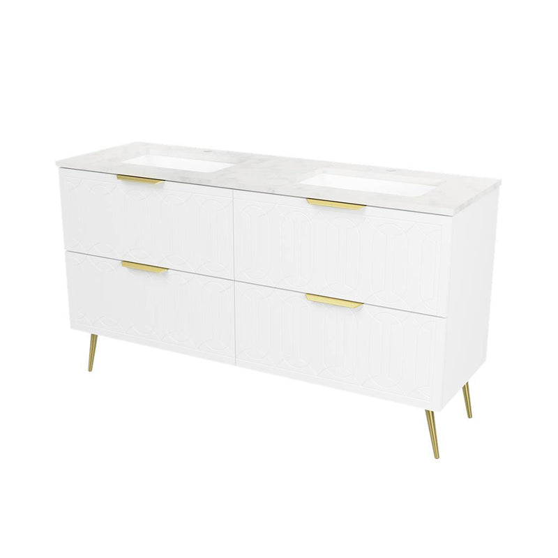 Elenora 4 Drawers Bathroom Vanity with Solid Surface Carrara Double Sink - Free Standing - 60" Wood/Satin White/Gold