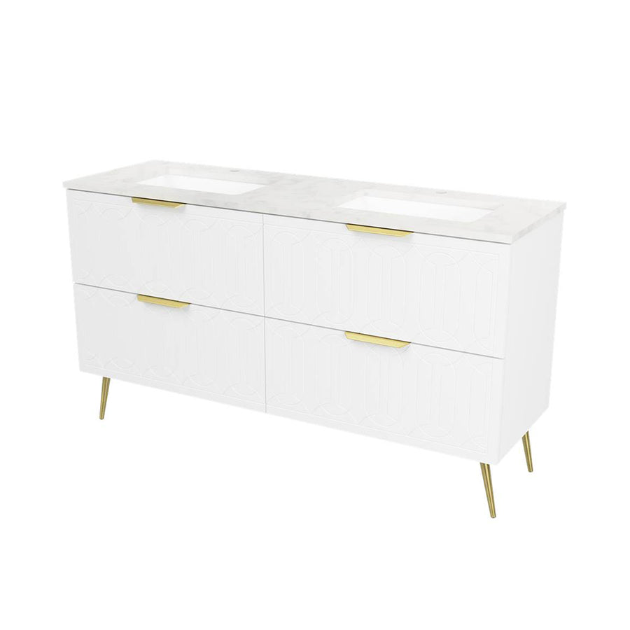 Elenora 4 Drawers Bathroom Vanity with Solid Surface Carrara Double Sink - Free Standing - 60" Wood/Satin White/Gold