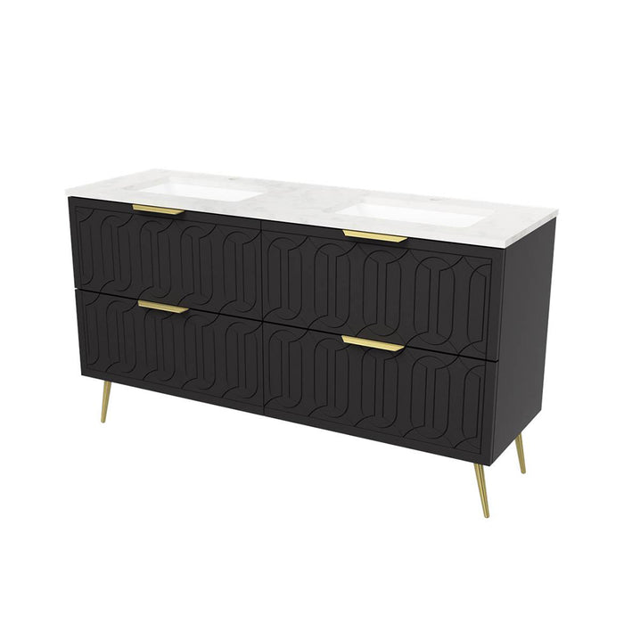 Elenora 4 Drawers Bathroom Vanity  with Solid Surface Carrara Double Sink - Free Standing - 60" Wood/Satin Black/Gold