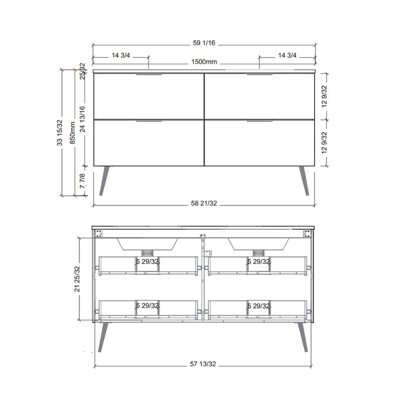 Elenora 4 Drawers Bathroom Vanity  with Solid Surface Carrara Double Sink - Free Standing - 60" Wood/Satin Black/Gold