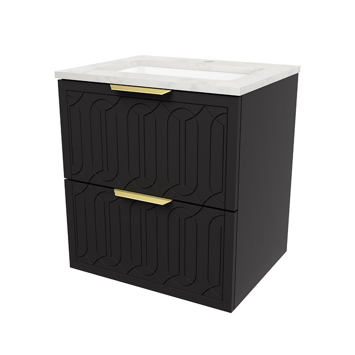 Elenora 2 Drawers Bathroom Vanity with Solid Surface Carrara Single Sink - Wall Mount - 24" Wood/Satin Black/Gold