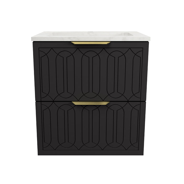 Elenora 2 Drawers Bathroom Vanity with Solid Surface Carrara Single Sink - Wall Mount - 24" Wood/Satin Black/Gold