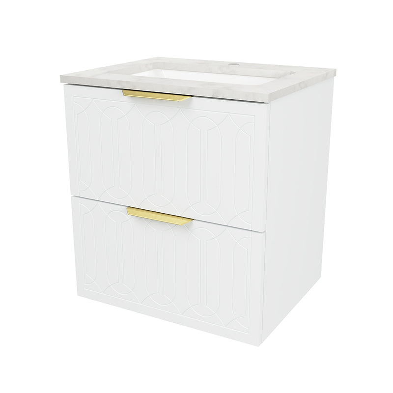 Elenora 2 Drawers Bathroom Vanity with Solid Surface Carrara Single Sink - Wall Mount - 24" Wood/Satin White/Gold