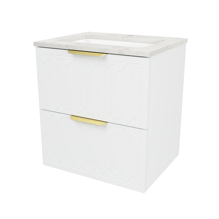 Elenora 2 Drawers Bathroom Vanity with Solid Surface Carrara Single Sink - Wall Mount - 24" Wood/Satin White/Gold