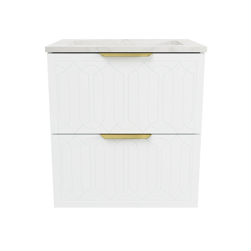 Elenora 2 Drawers Bathroom Vanity with Solid Surface Carrara Single Sink - Wall Mount - 24" Wood/Satin White/Gold