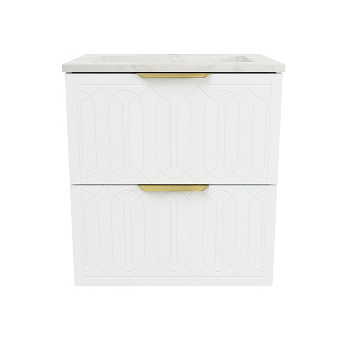 Elenora 2 Drawers Bathroom Vanity with Solid Surface Carrara Single Sink - Wall Mount - 24" Wood/Satin White/Gold